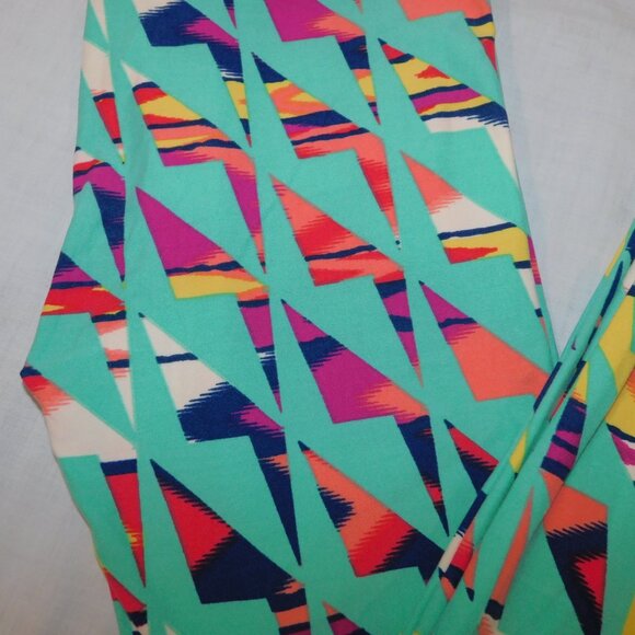 LuLaroe Teal Multicolour Zig Zag Pattern Print Womens Leggings OS size 2 -10 - Picture 2 of 7
